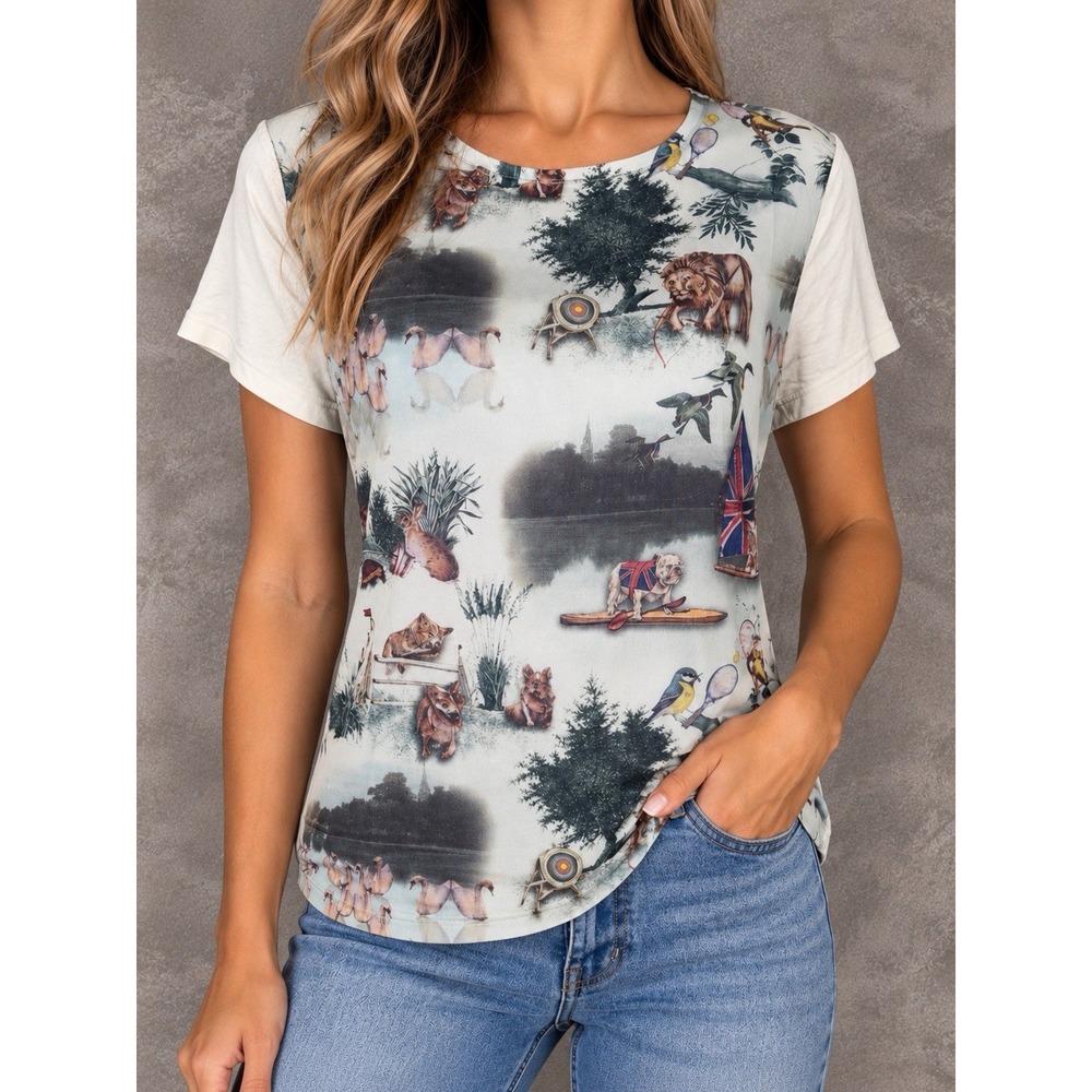 Ted Baker Blouse Womens 1 Multicolor Whimsical Graphic Print Sheer Front